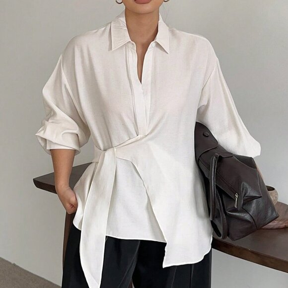 Plus Size White Casual Women's Long Sleeve Turndown Collar Shirt - Picture 8 of 9